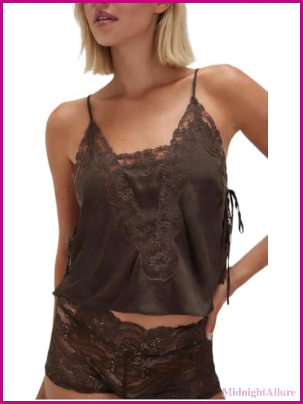 Women's Satin Silk Lace Trim Spaghetti Strap V-Neck Tank Top
